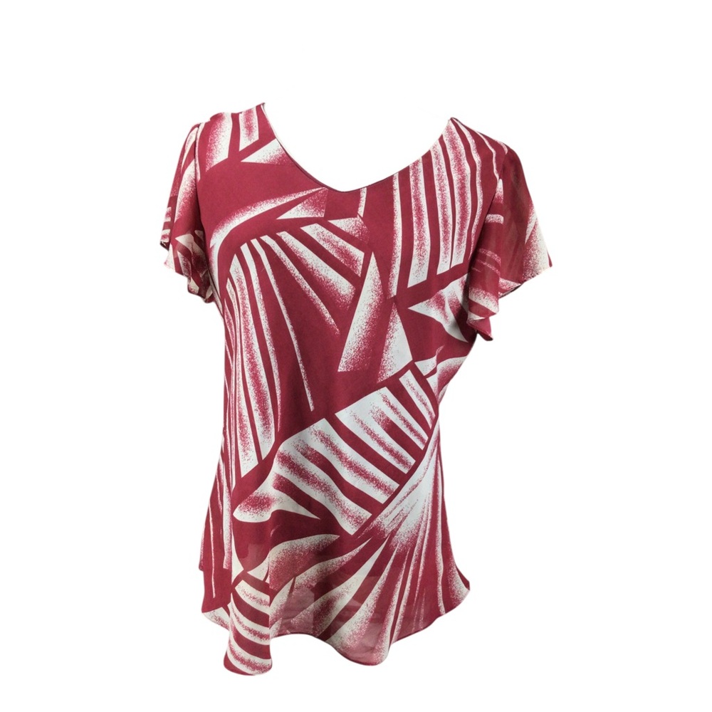 Vintage SSADA Burgundy Red Printed Short Sleeve V-Neck Top Sz XL